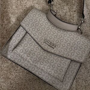 GUESS Cream Logo-Print Top Handle Satchel